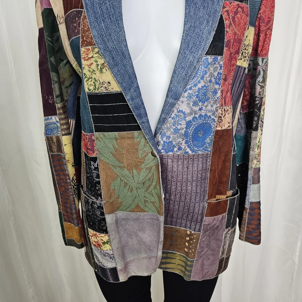 Roberto Cavalli Vintage Printed Suede Leather & Denim Patchwork Jacket 1980s - Picture 3 of 15